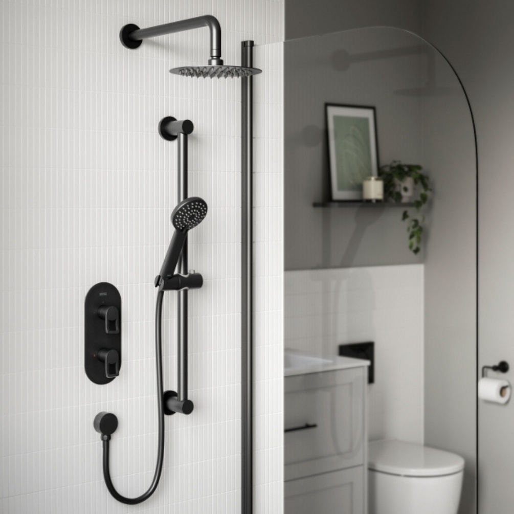 Lifestyle image of the Bristan Saffron Black Dual Outlet Thermostatic Shower Pack